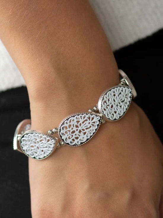 paparazzi Jewelry - Heirloom Hunter - White Filigree Teardrop Link Stretch Bracelet